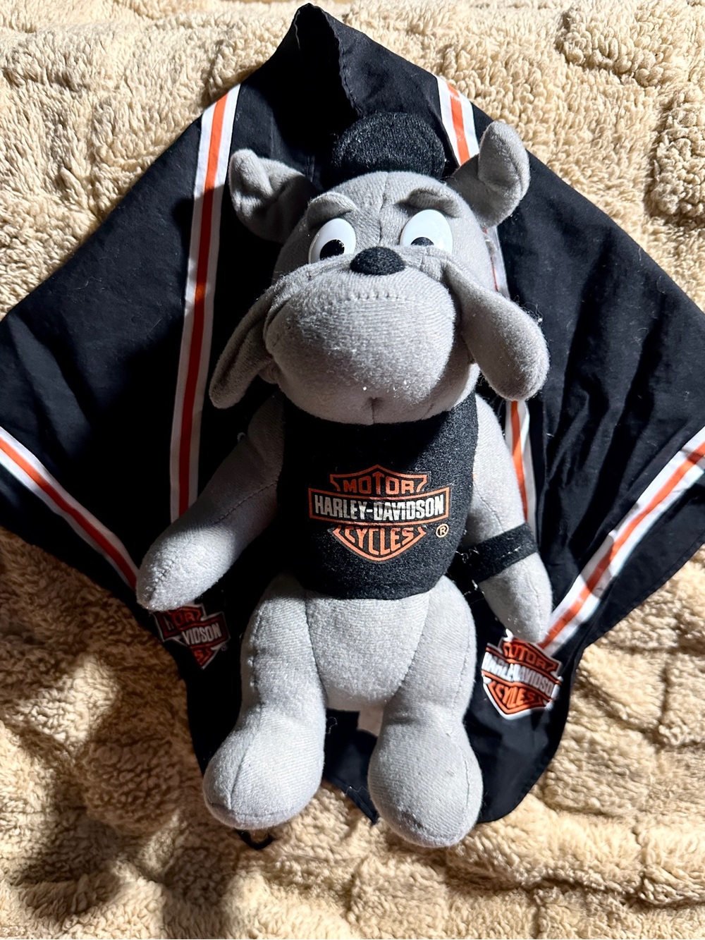 Vintage Harley-Davidson Gray & Black Plush Dog Toy and bandanna